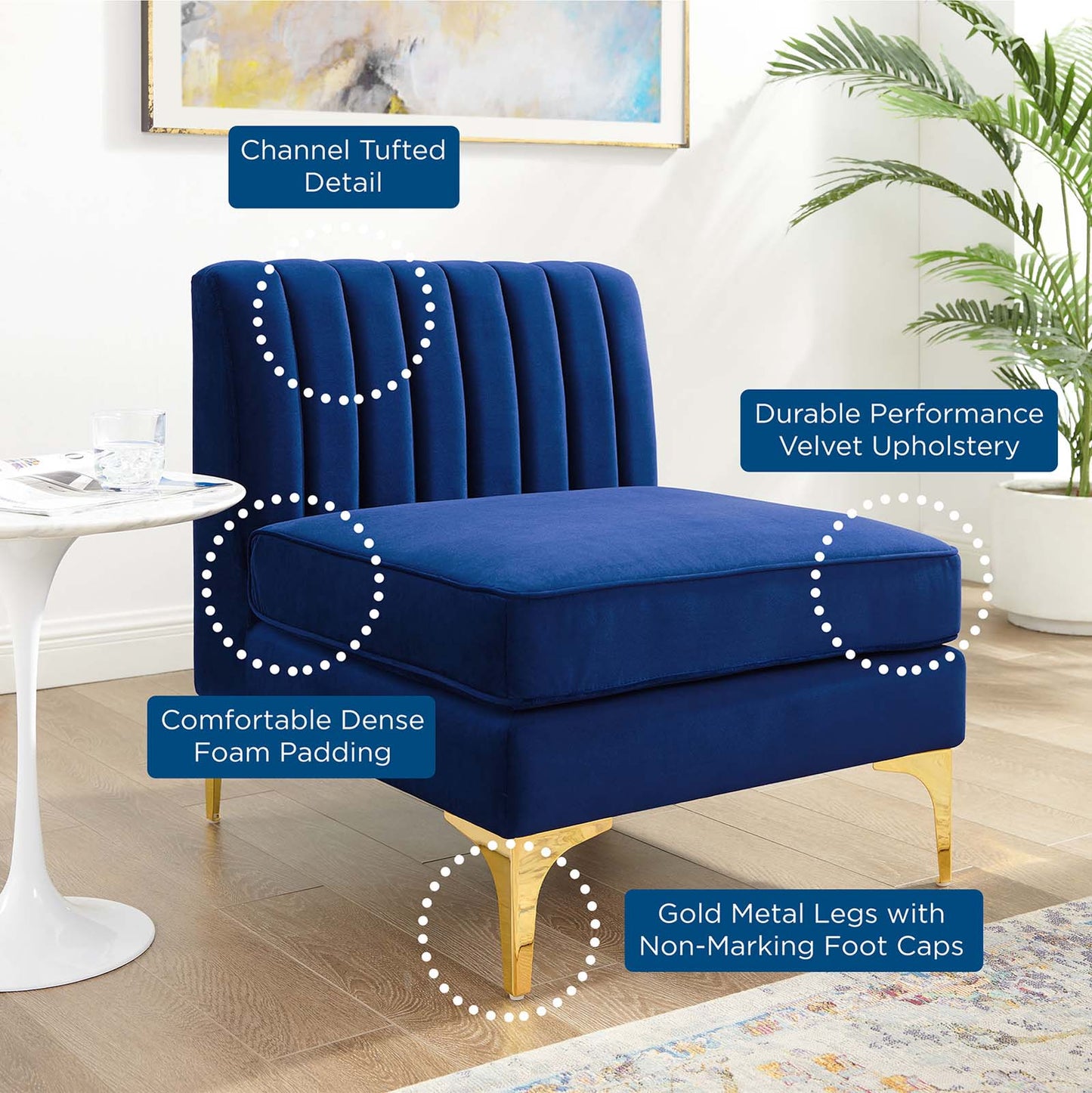 Triumph Channel Tufted Performance Velvet Armless Chair, Velvet, Blue Navy, 18926