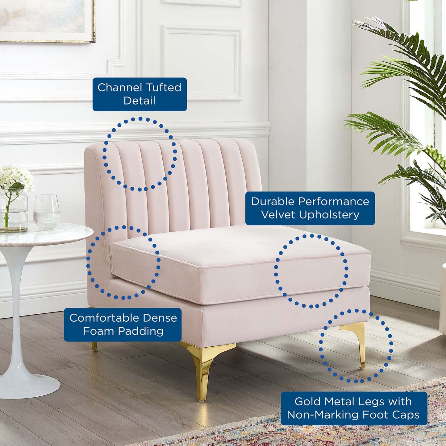 Triumph Channel Tufted Performance Velvet Armless Chair, Velvet, Pink, 18927