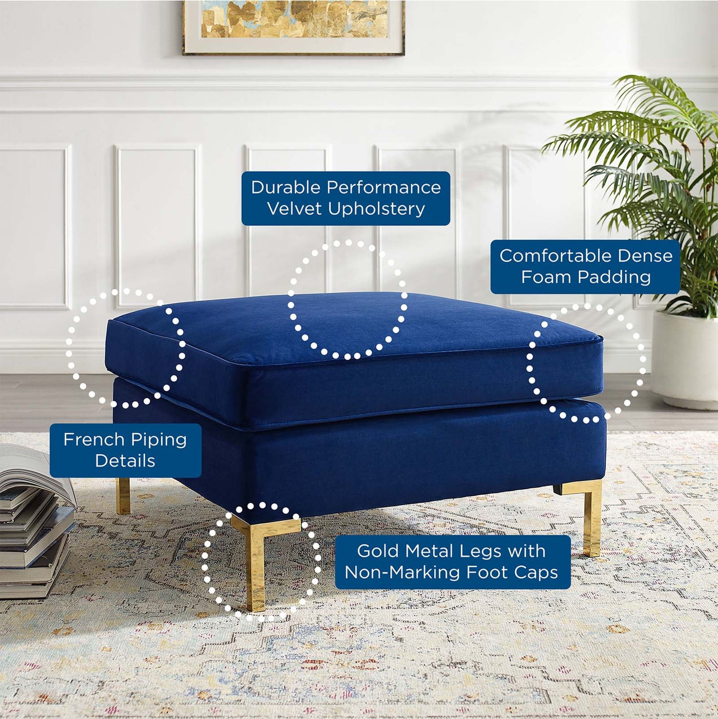 Ardent Performance Velvet Ottoman, Velvet, Blue Navy, 18935