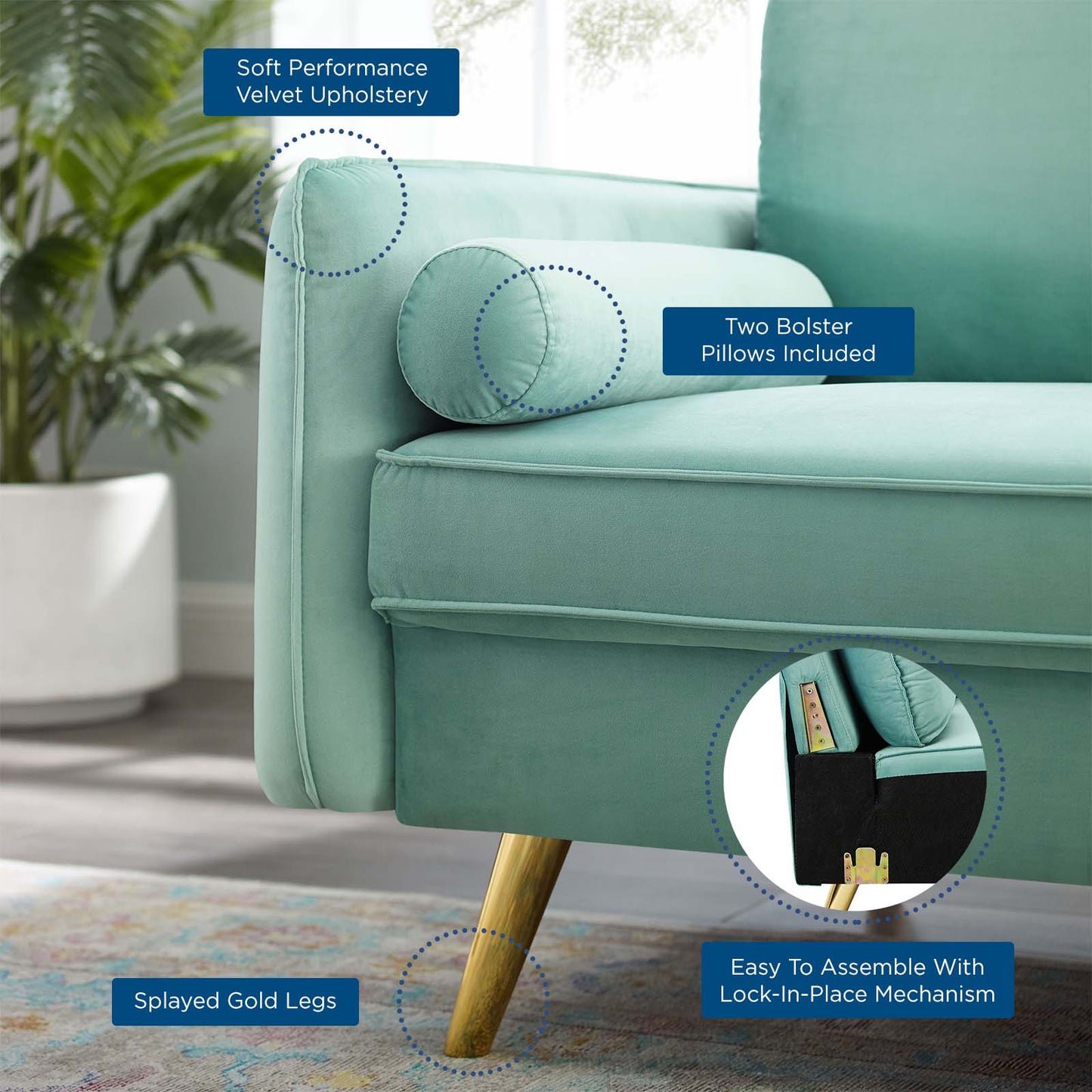 Revive Performance Velvet Sofa, Velvet, Blue, 18940