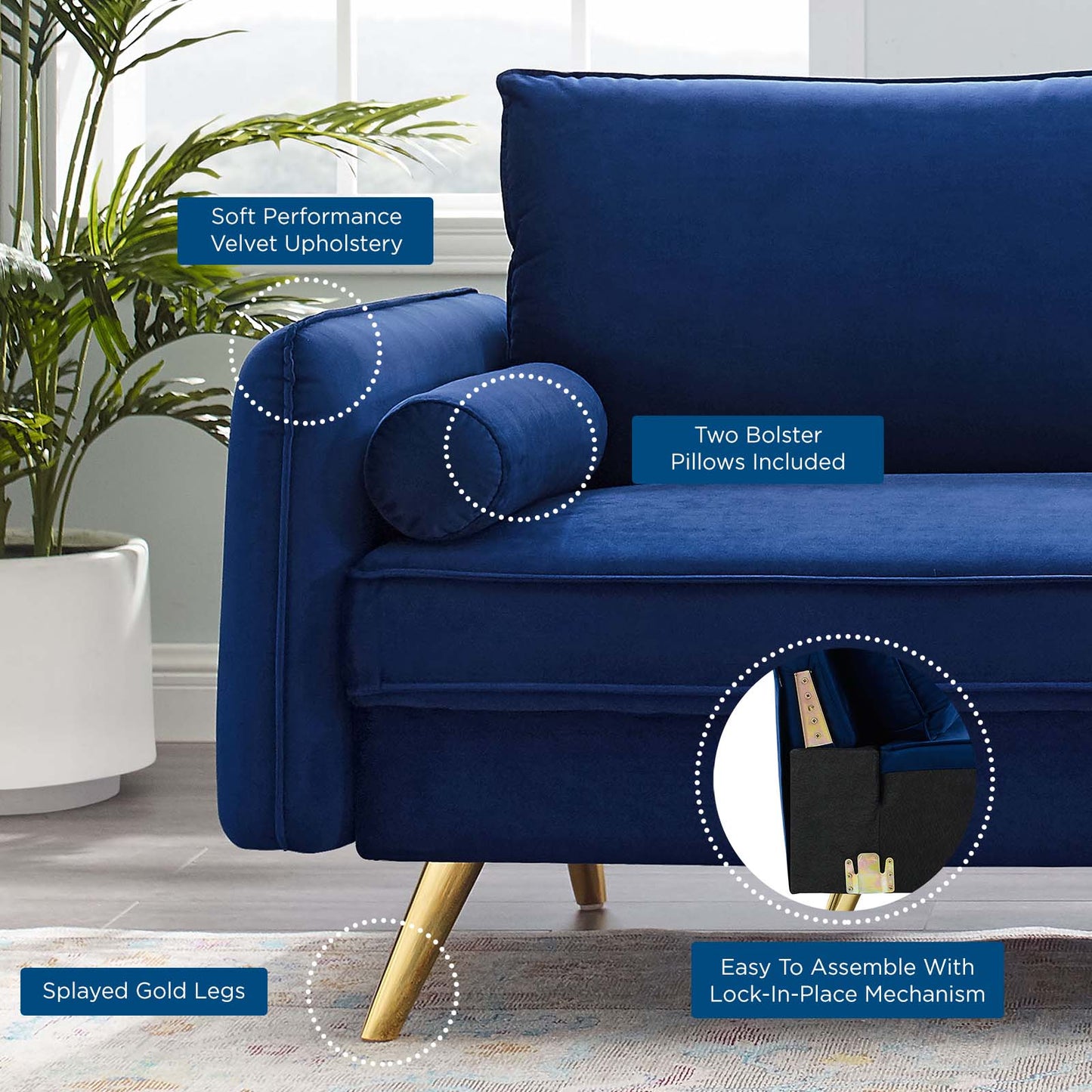 Revive Performance Velvet Sofa, Velvet, Blue Navy, 18941
