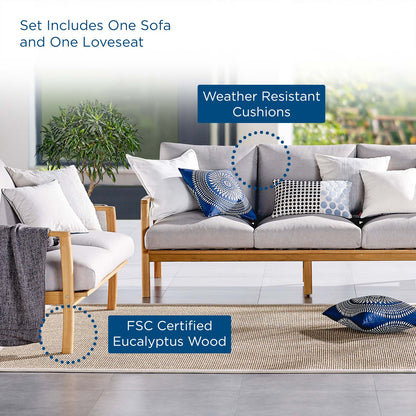 Orlean Outdoor Patio Eucalyptus Wood Sofa and Loveseat Set, Wood, Brown Natural Light Grey Gray, 18951