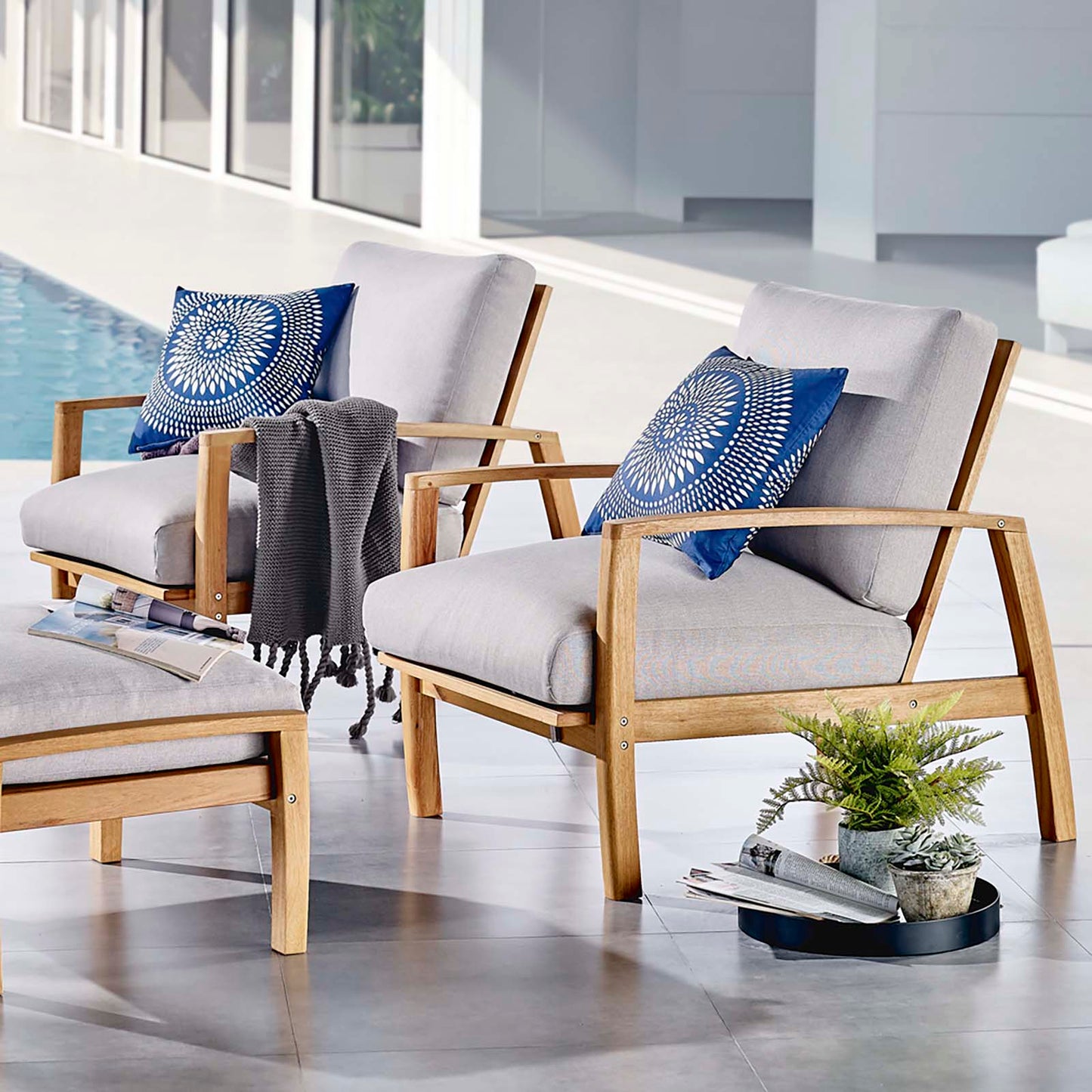 Orlean Outdoor Patio Eucalyptus Wood Lounge Armchair Set of 2, Wood, Brown Natural Light Grey Gray, 18954