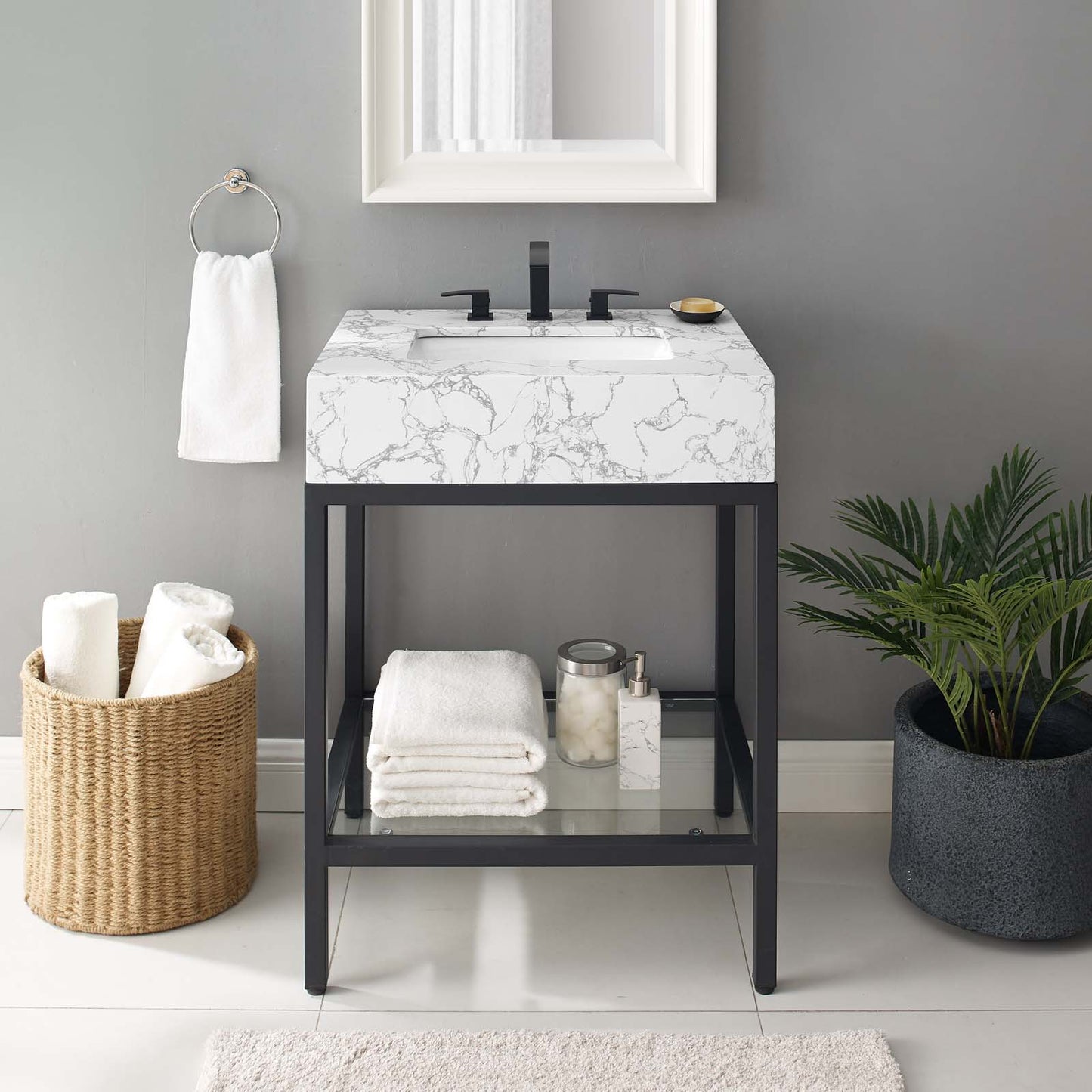 Kingsley 26" Black Stainless Steel Bathroom Vanity, Artificial Marble, Metal Steel, Black White, 18957