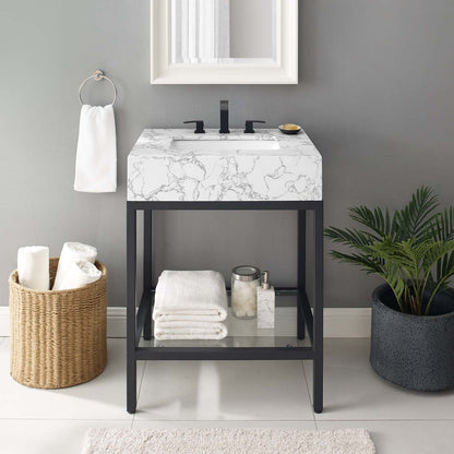 Kingsley 26" Black Stainless Steel Bathroom Vanity, Artificial Marble, Metal Steel, Black White, 18957