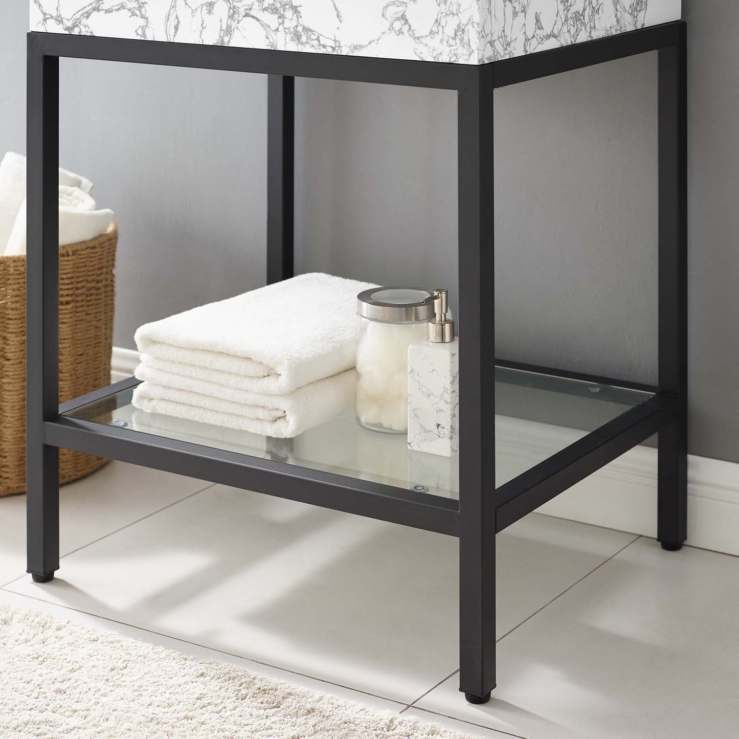 Kingsley 26" Black Stainless Steel Bathroom Vanity, Artificial Marble, Metal Steel, Black White, 18957