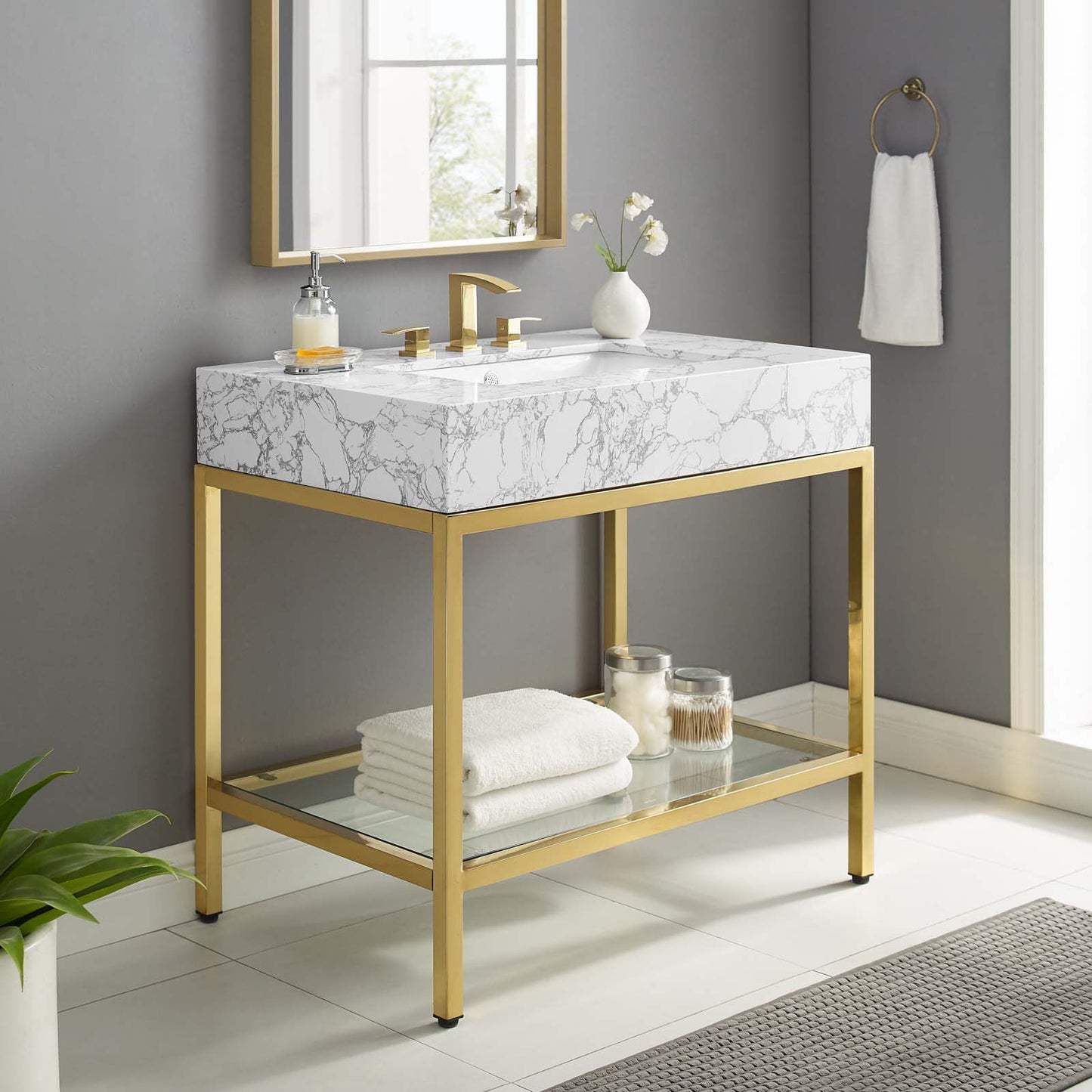 Kingsley 36" Gold Stainless Steel Bathroom Vanity, Artificial Marble, Metal Steel, Gold White, 18958