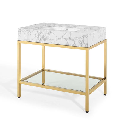 Kingsley 36" Gold Stainless Steel Bathroom Vanity, Artificial Marble, Metal Steel, Gold White, 18958