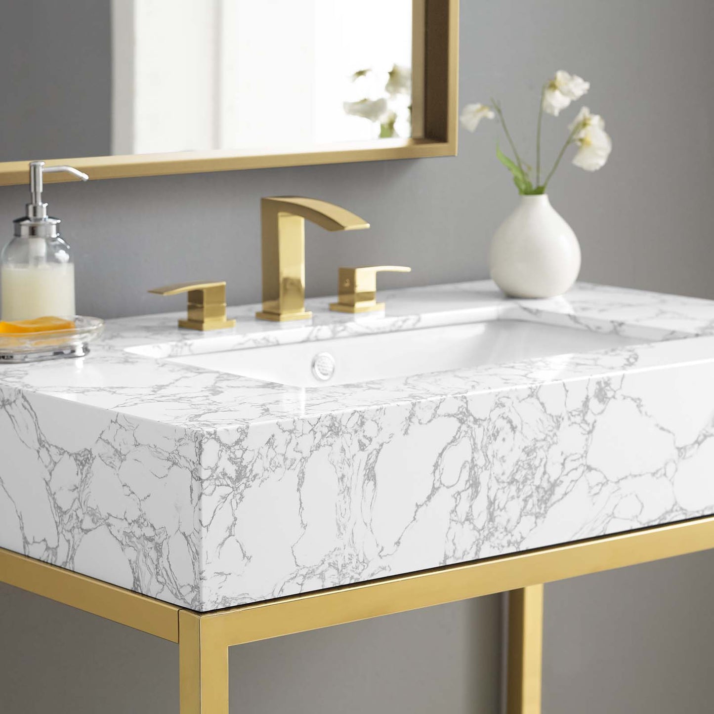 Kingsley 36" Gold Stainless Steel Bathroom Vanity, Artificial Marble, Metal Steel, Gold White, 18958