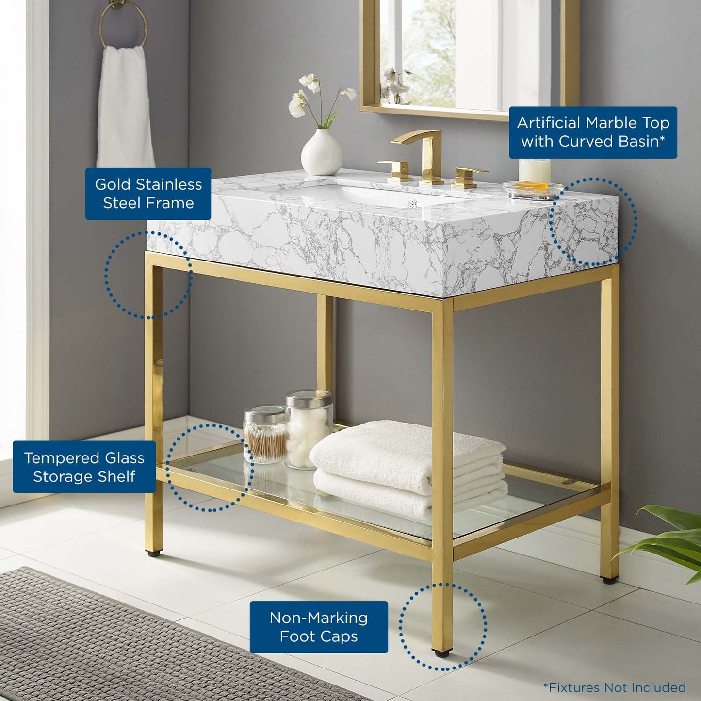 Kingsley 36" Gold Stainless Steel Bathroom Vanity, Artificial Marble, Metal Steel, Gold White, 18958