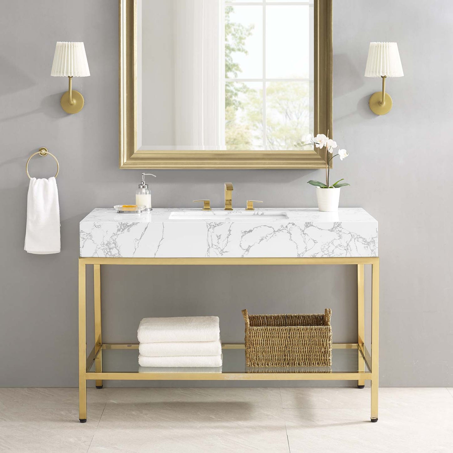 Kingsley 50" Gold Stainless Steel Bathroom Vanity, Artificial Marble, Metal Steel, Gold White, 18960