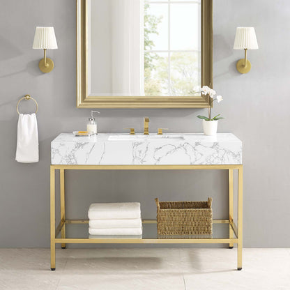 Kingsley 50" Gold Stainless Steel Bathroom Vanity, Artificial Marble, Metal Steel, Gold White, 18960