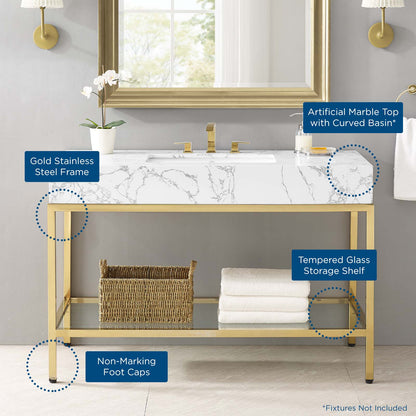 Kingsley 50" Gold Stainless Steel Bathroom Vanity, Artificial Marble, Metal Steel, Gold White, 18960