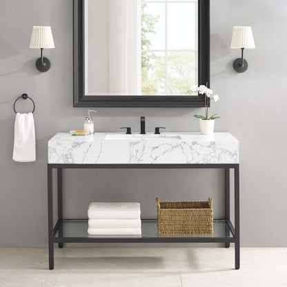 Kingsley 50" Black Stainless Steel Bathroom Vanity, Artificial Marble, Metal Steel, Black White, 18961