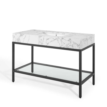 Kingsley 50" Black Stainless Steel Bathroom Vanity, Artificial Marble, Metal Steel, Black White, 18961