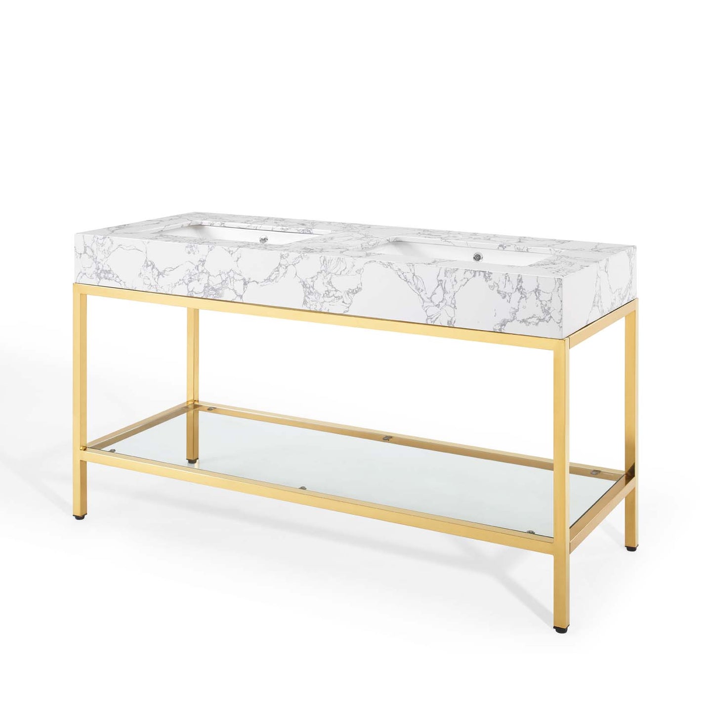 Kingsley 60" Gold Stainless Steel Bathroom Vanity, Artificial Marble, Metal Steel, Gold White, 18962