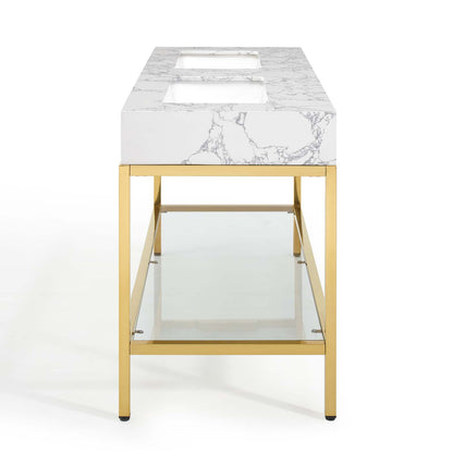 Kingsley 60" Gold Stainless Steel Bathroom Vanity, Artificial Marble, Metal Steel, Gold White, 18962