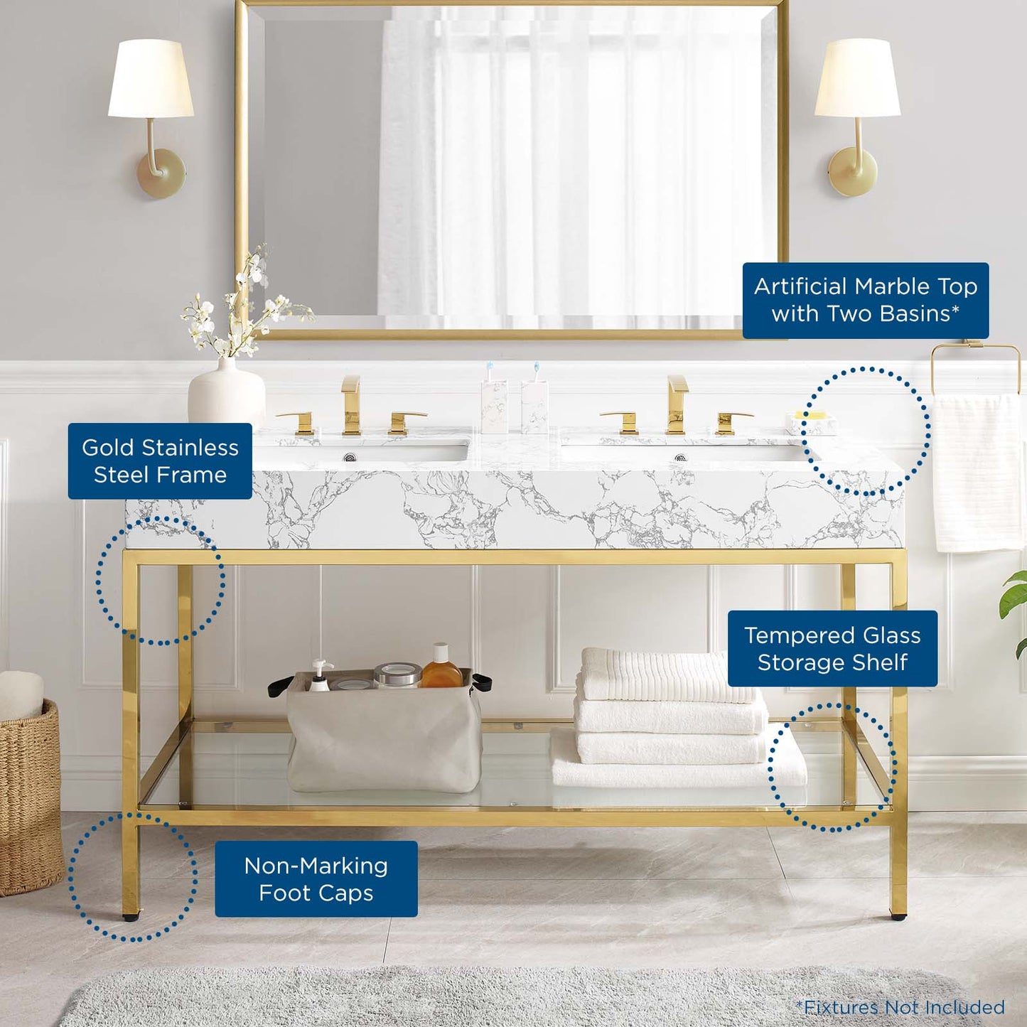 Kingsley 60" Gold Stainless Steel Bathroom Vanity, Artificial Marble, Metal Steel, Gold White, 18962