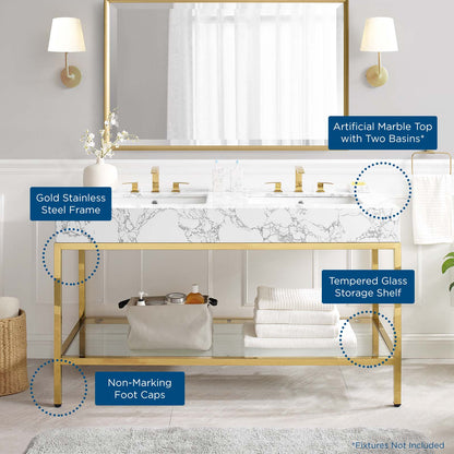 Kingsley 60" Gold Stainless Steel Bathroom Vanity, Artificial Marble, Metal Steel, Gold White, 18962