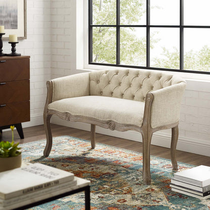 Crown Vintage French Upholstered Settee Loveseat, Fabric, Wood, Beige, 18964