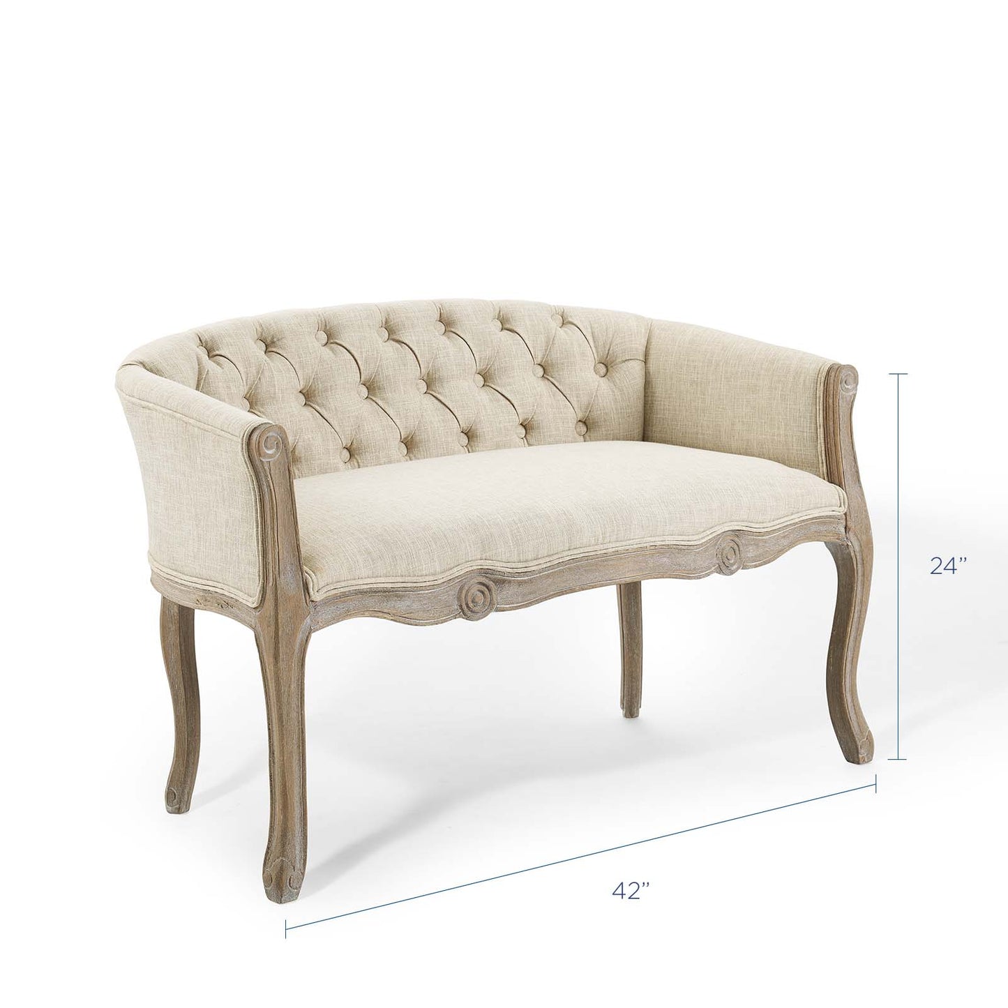 Crown Vintage French Upholstered Settee Loveseat, Fabric, Wood, Beige, 18964