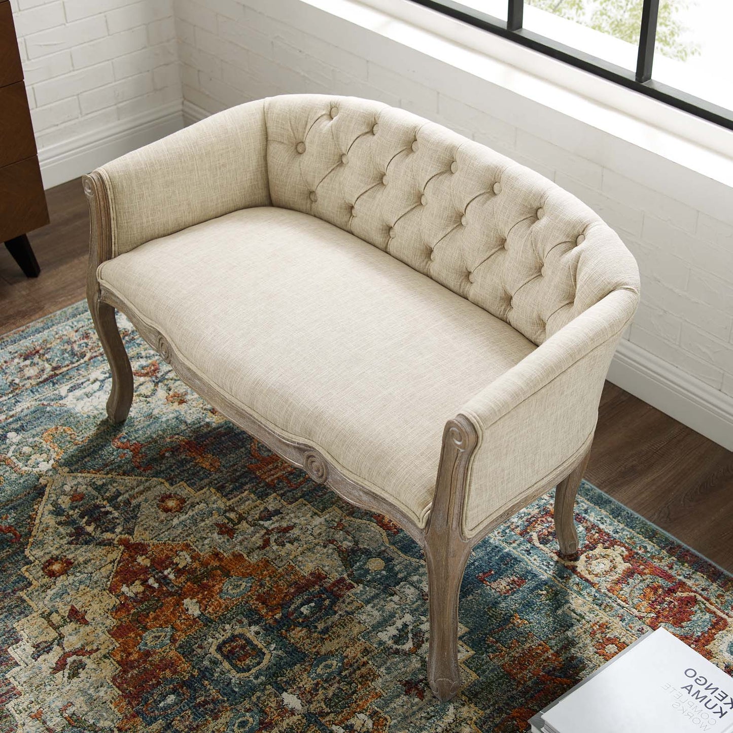 Crown Vintage French Upholstered Settee Loveseat, Fabric, Wood, Beige, 18964