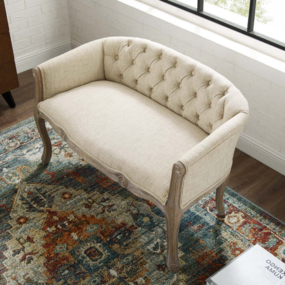 Crown Vintage French Upholstered Settee Loveseat, Fabric, Wood, Beige, 18964
