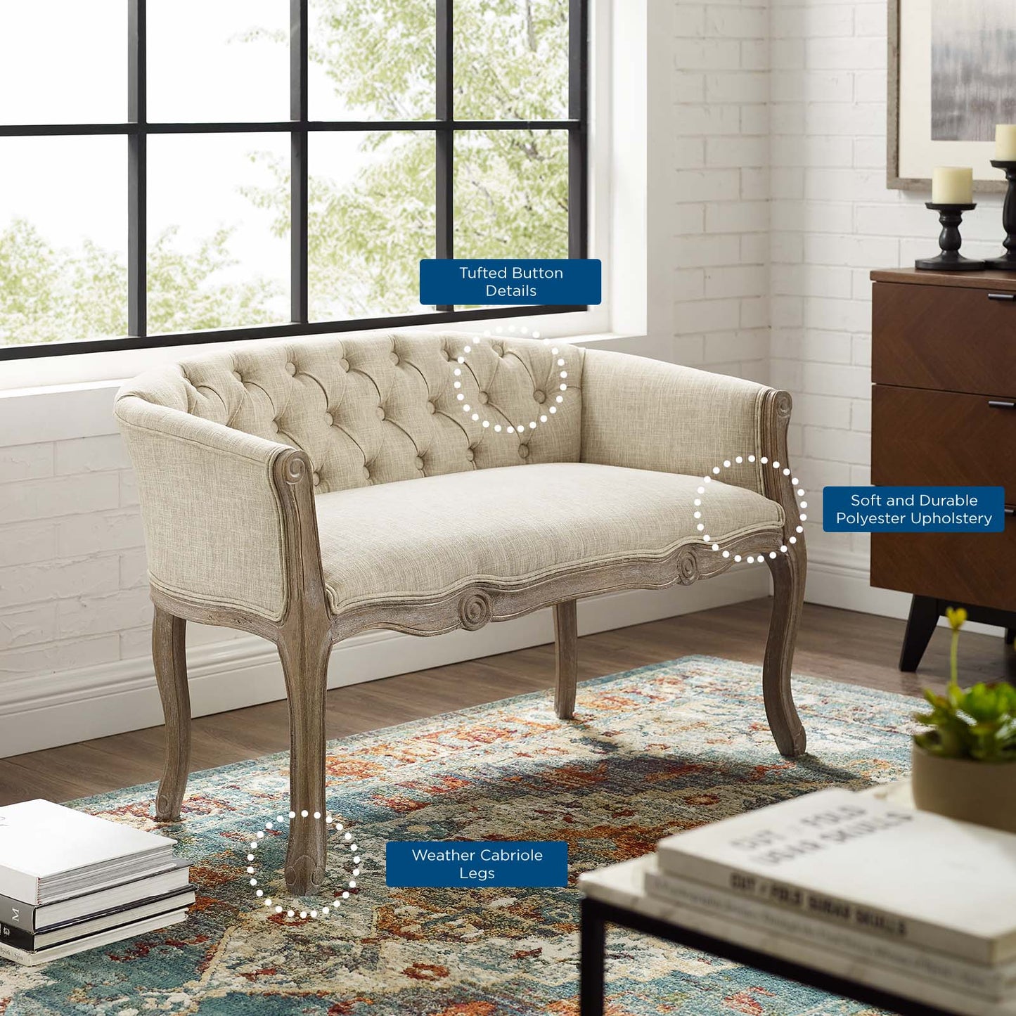 Crown Vintage French Upholstered Settee Loveseat, Fabric, Wood, Beige, 18964