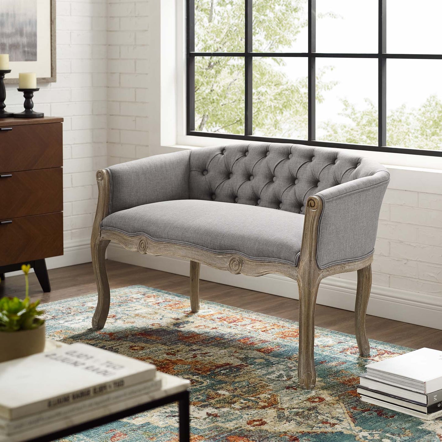 Crown Vintage French Upholstered Settee Loveseat, Fabric, Wood, Light Grey Gray, 18965