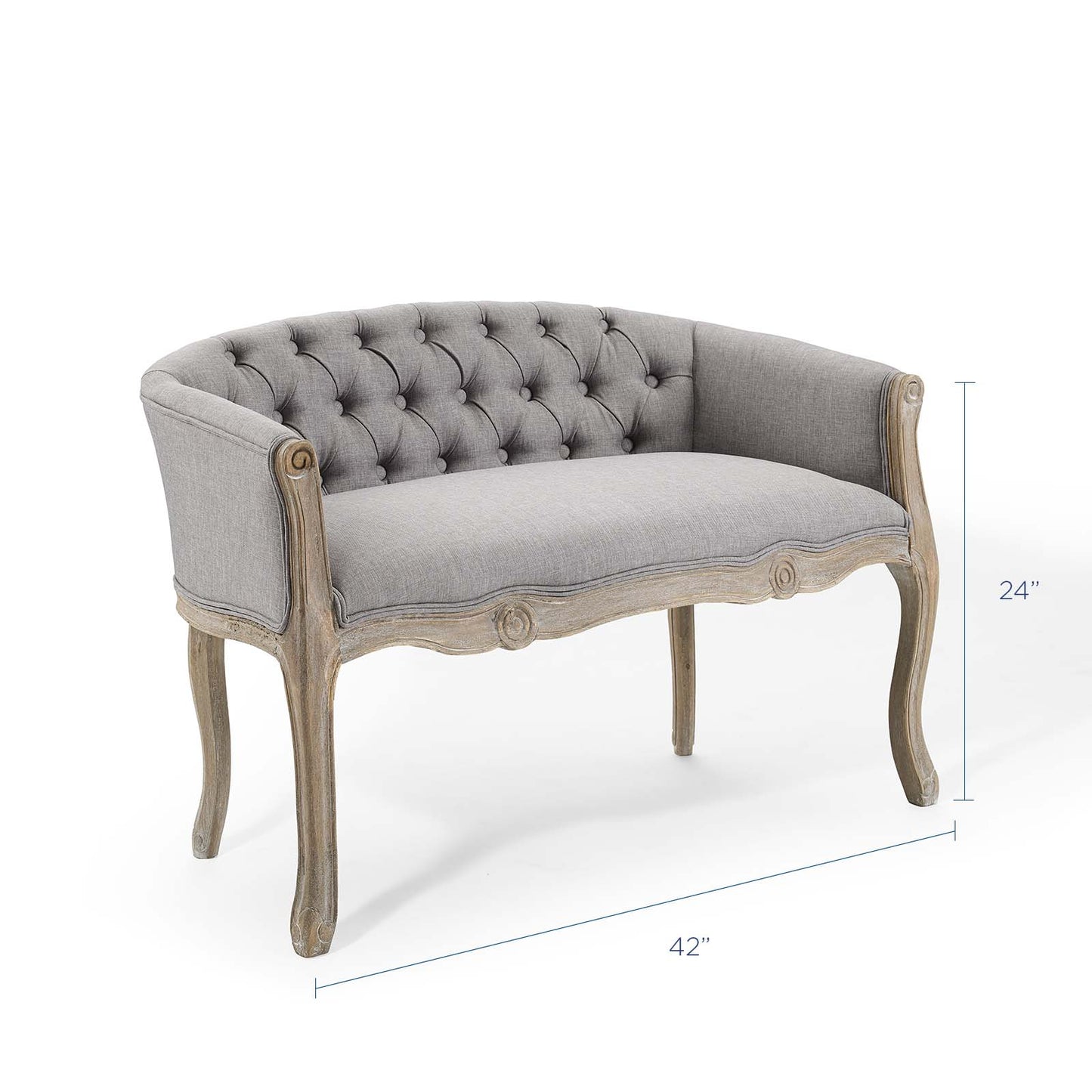 Crown Vintage French Upholstered Settee Loveseat, Fabric, Wood, Light Grey Gray, 18965