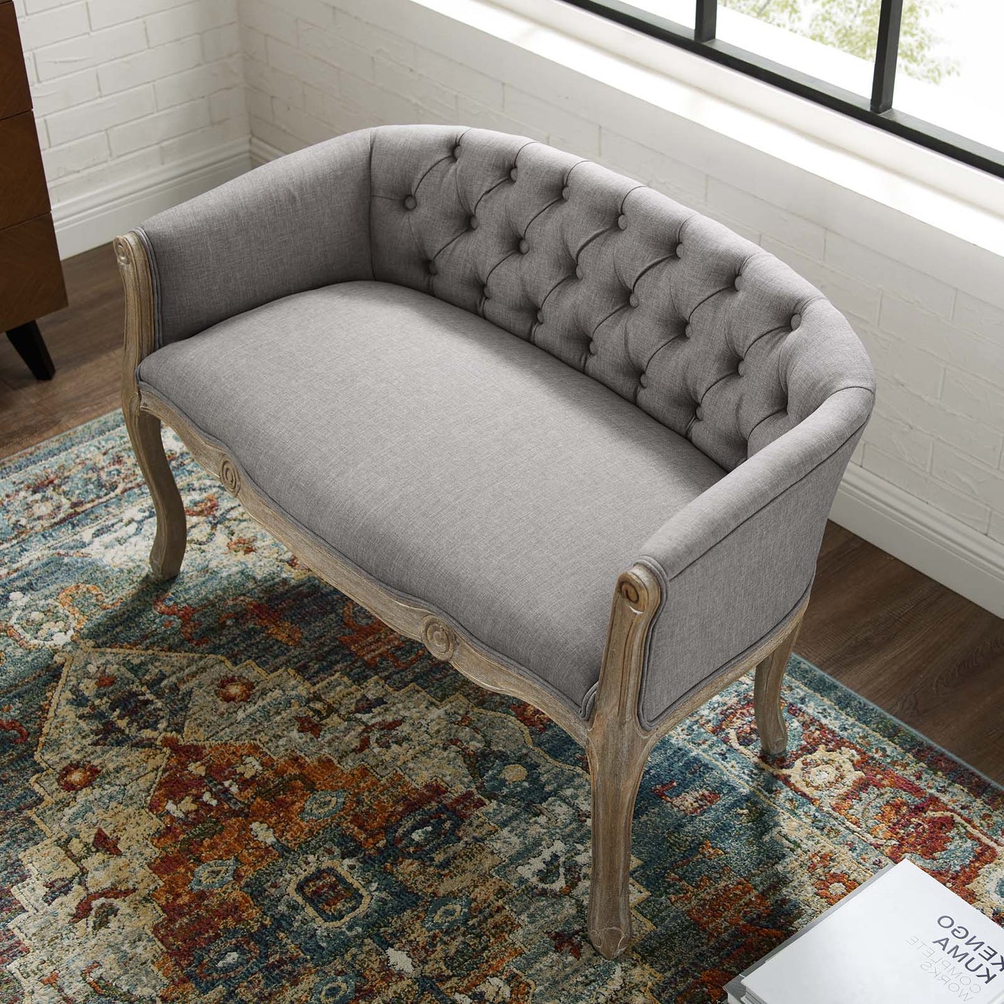 Crown Vintage French Upholstered Settee Loveseat, Fabric, Wood, Light Grey Gray, 18965