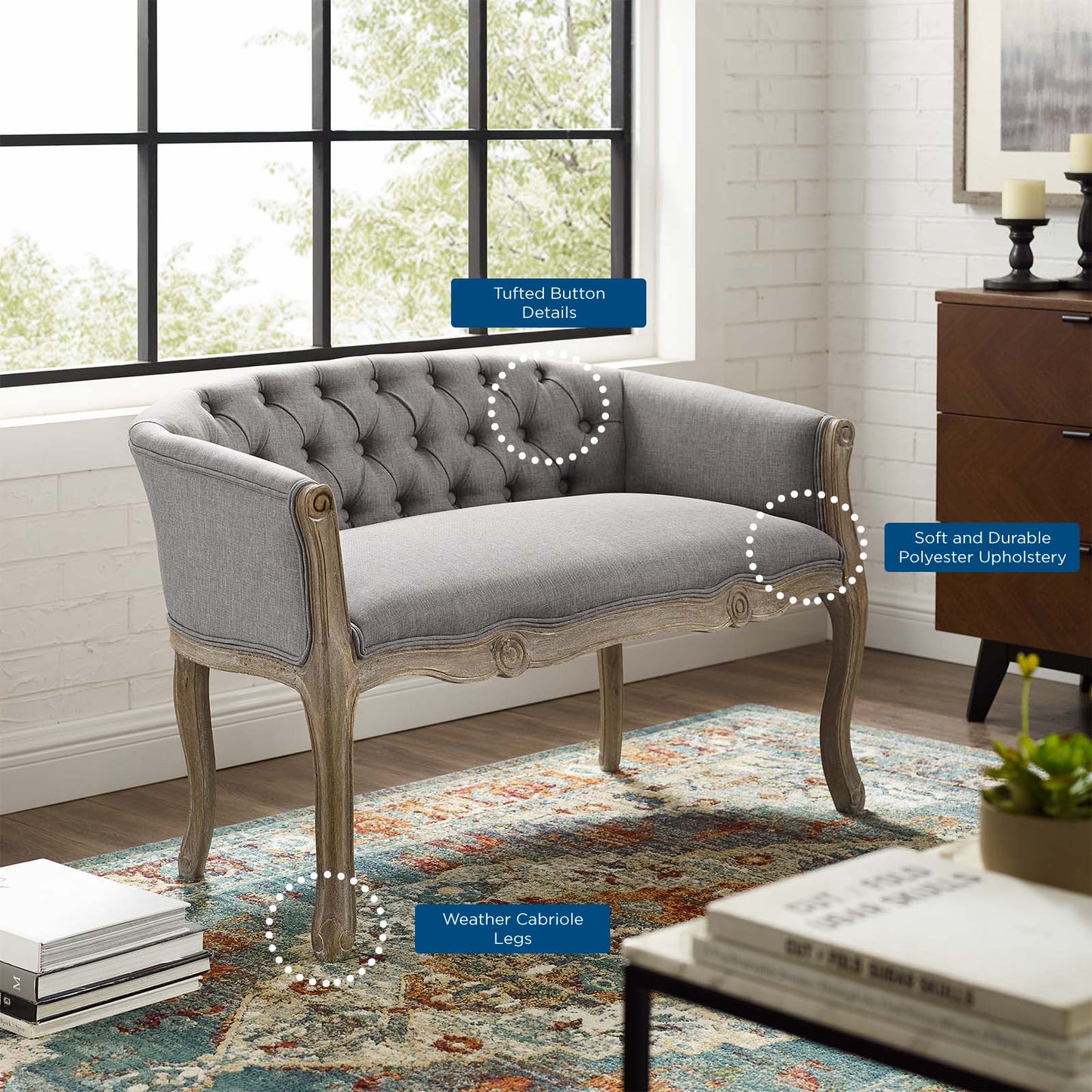 Crown Vintage French Upholstered Settee Loveseat, Fabric, Wood, Light Grey Gray, 18965