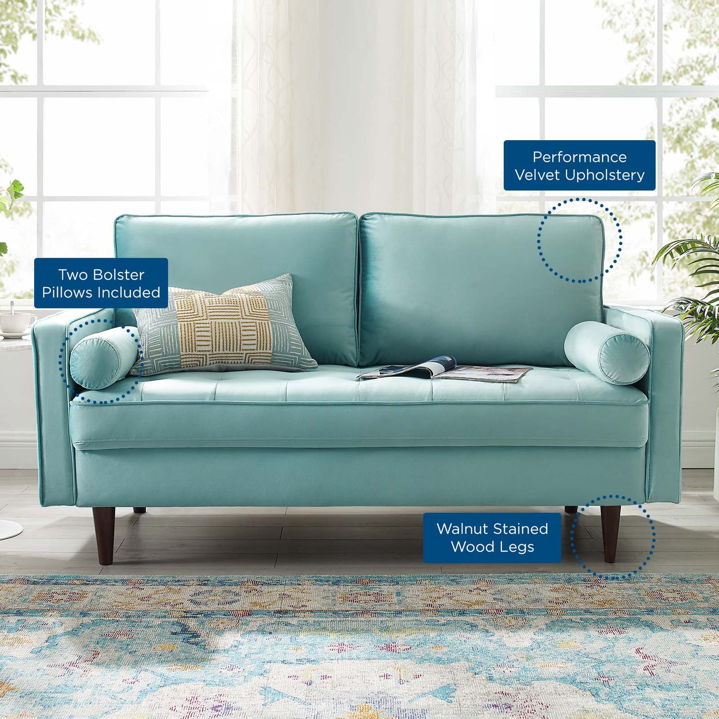 Valour Performance Velvet Loveseat, Velvet, Blue, 18970