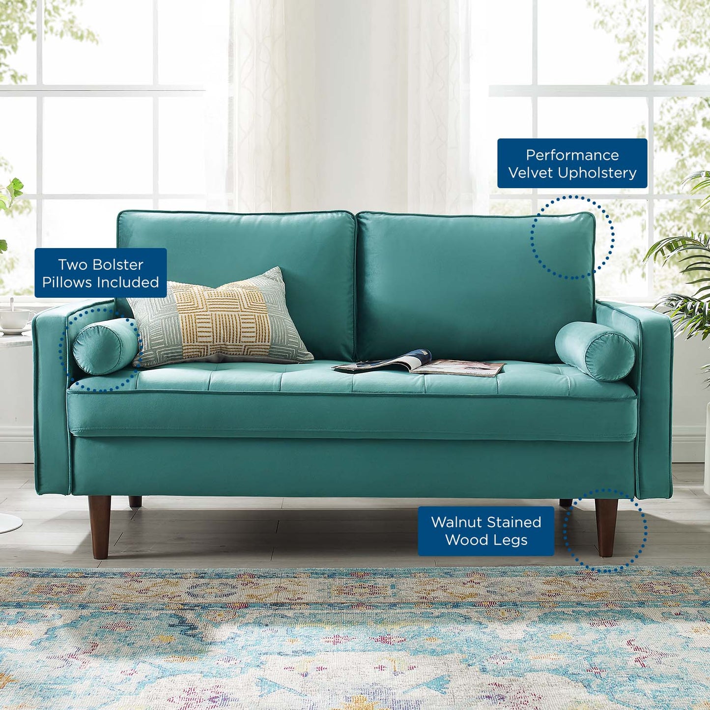 Valour Performance Velvet Loveseat, Velvet, Teal Blue, 18973