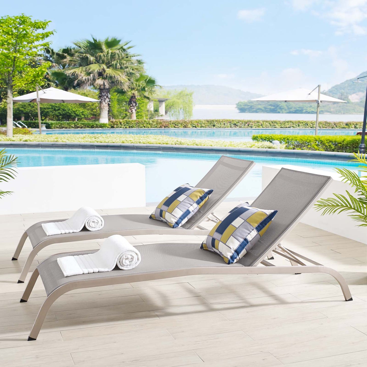 Savannah Outdoor Patio Mesh Chaise Lounge Set of 2, Aluminum, Metal, Steel, Grey Gray, 18976