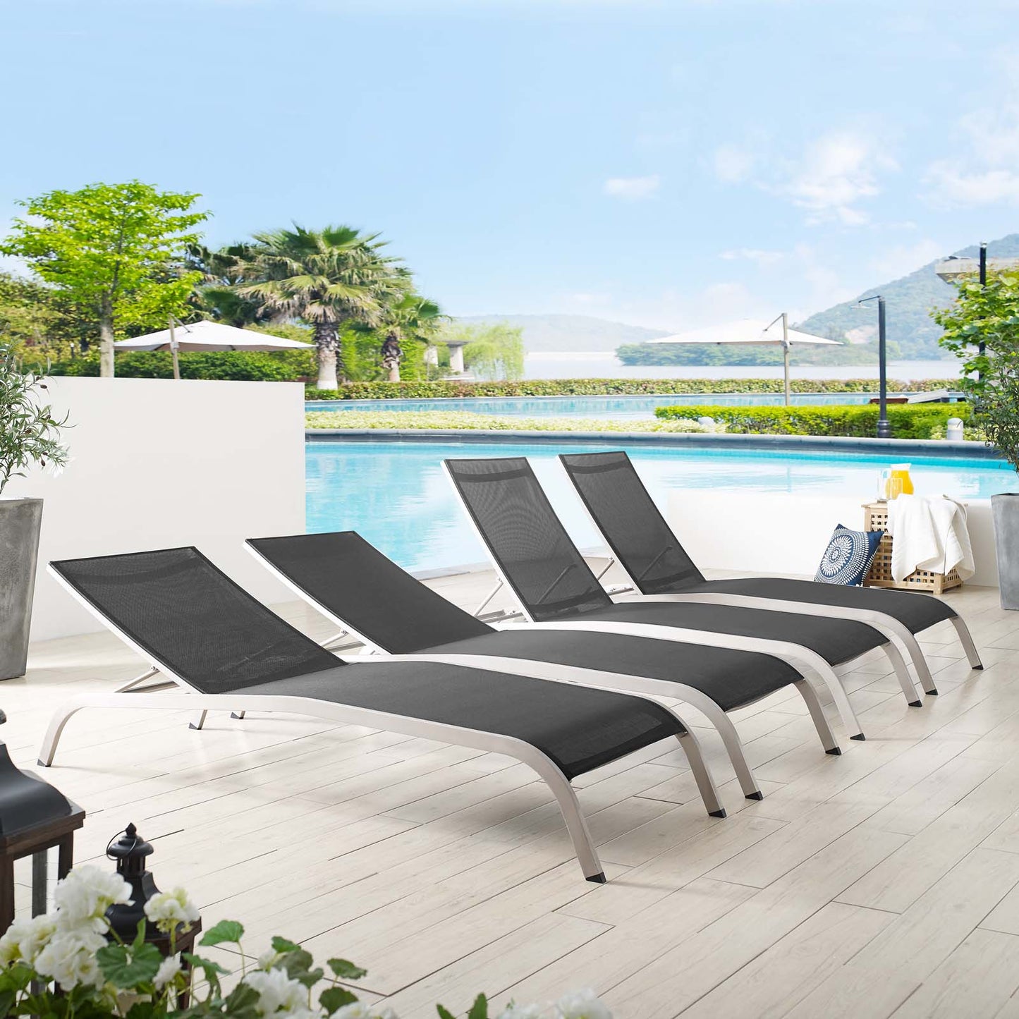 Savannah Outdoor Patio Mesh Chaise Lounge Set of 4, Aluminum, Metal, Steel, Black, 18981