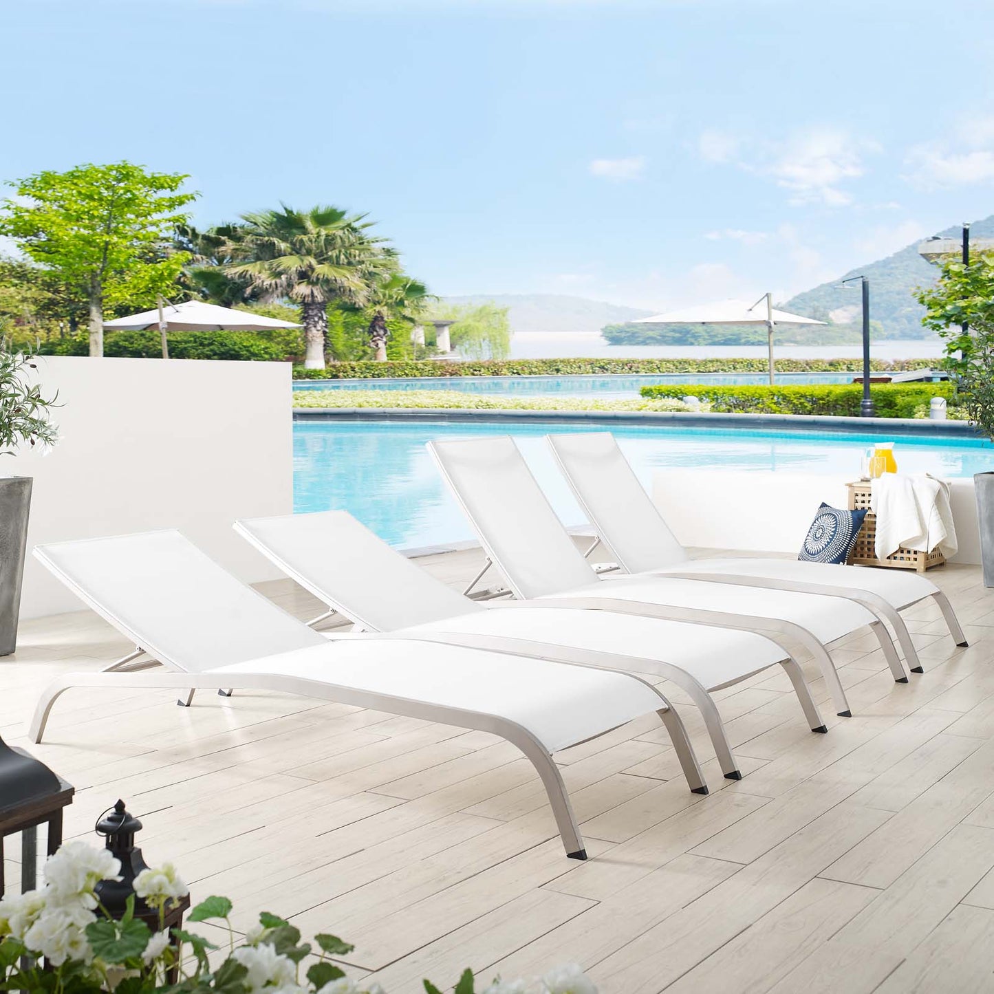 Savannah Outdoor Patio Mesh Chaise Lounge Set of 4, Aluminum, Metal, Steel, White, 18983