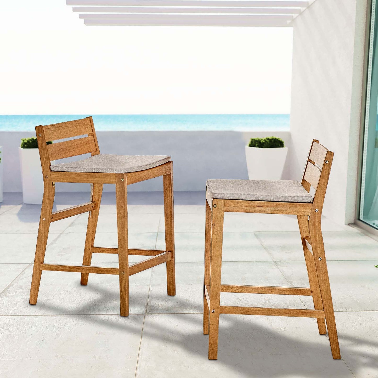 Riverlake Outdoor Patio Ash Wood Bar Stool Set of 2, Wood, Brown Natural Taupe Gray, 18986