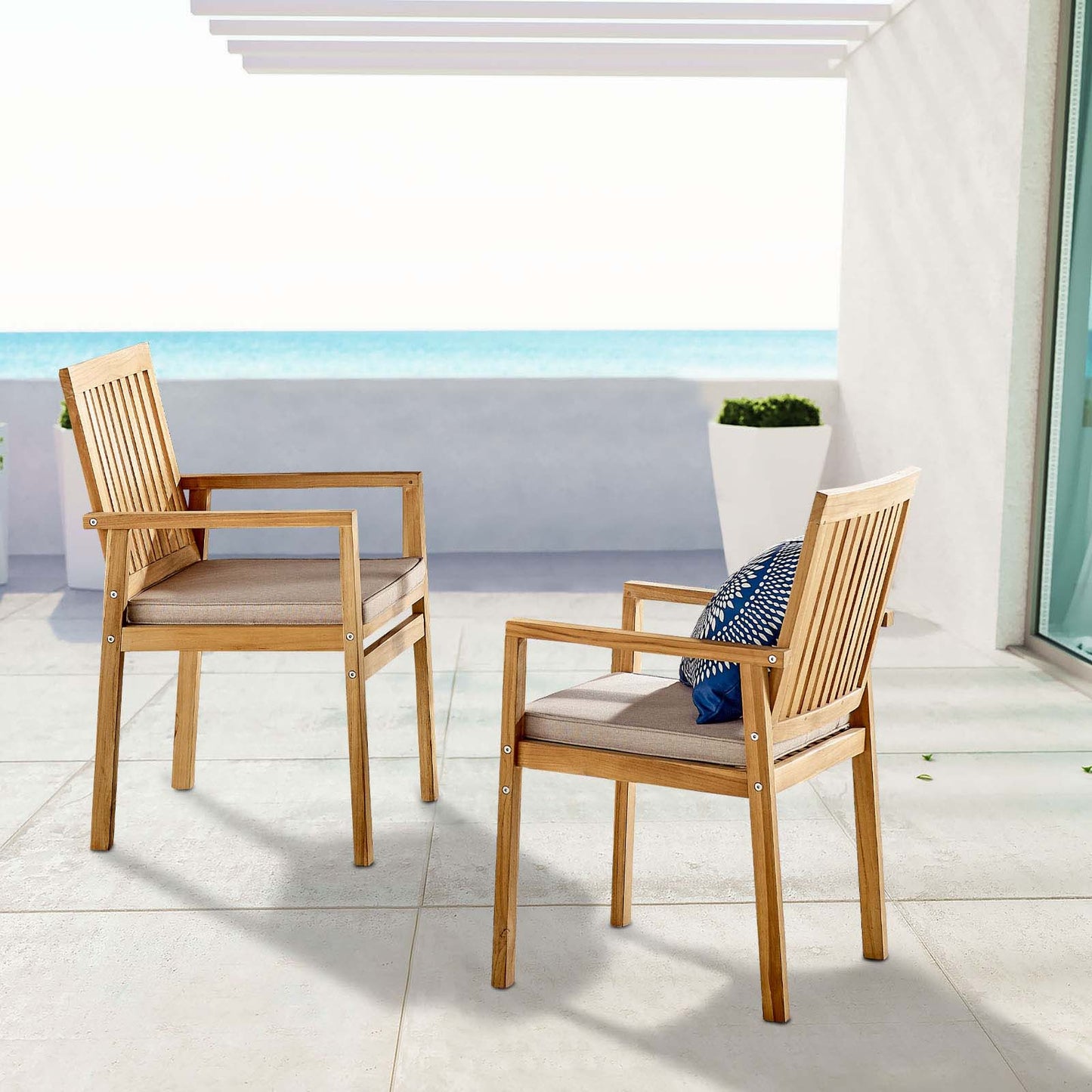 Farmstay Outdoor Patio Teak Dining Armchair Set of 2, Wood, Brown Natural Taupe Gray, 18987