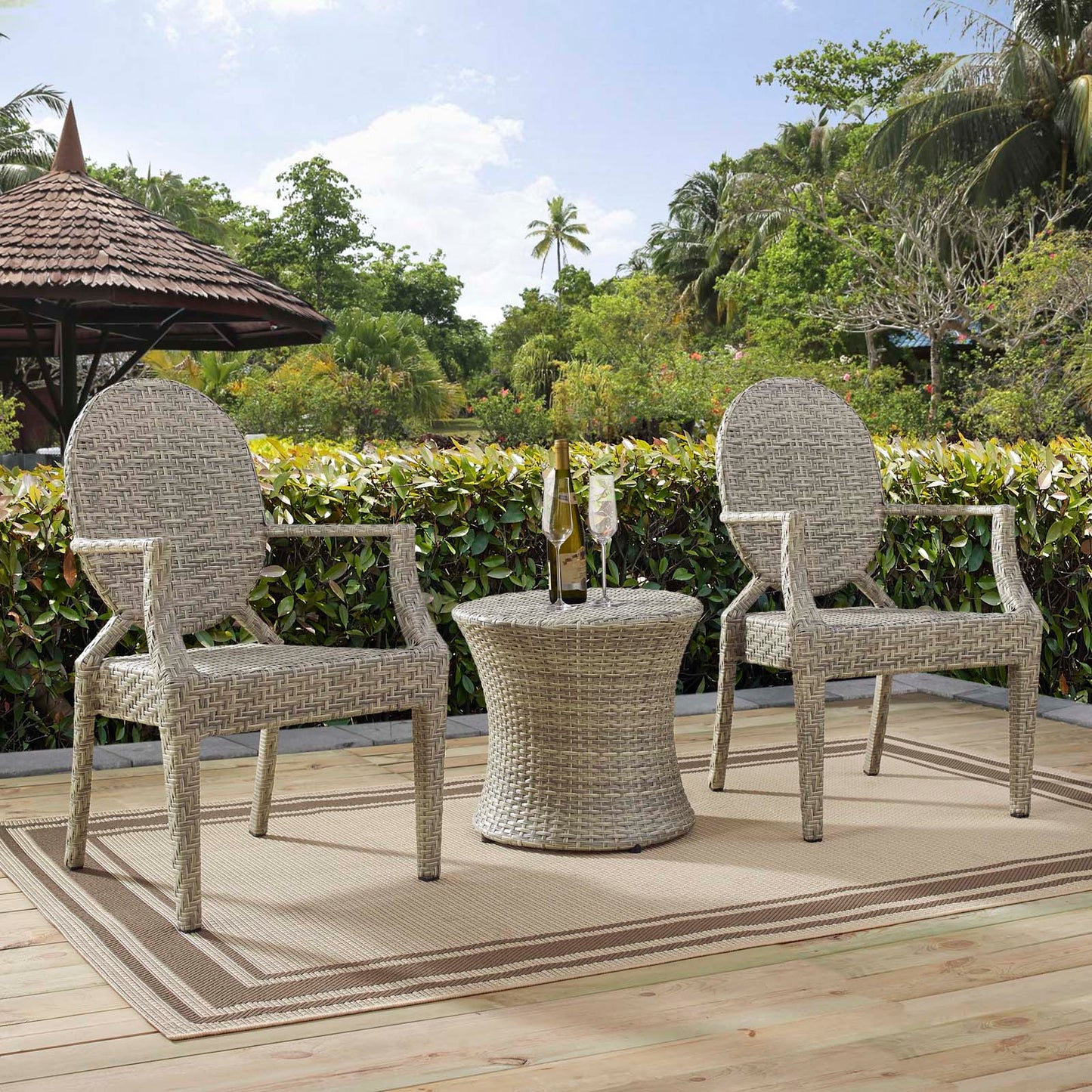 Casper 3 Piece Outdoor Patio Set, Rattan, Wicker, Light Grey Gray, 18993