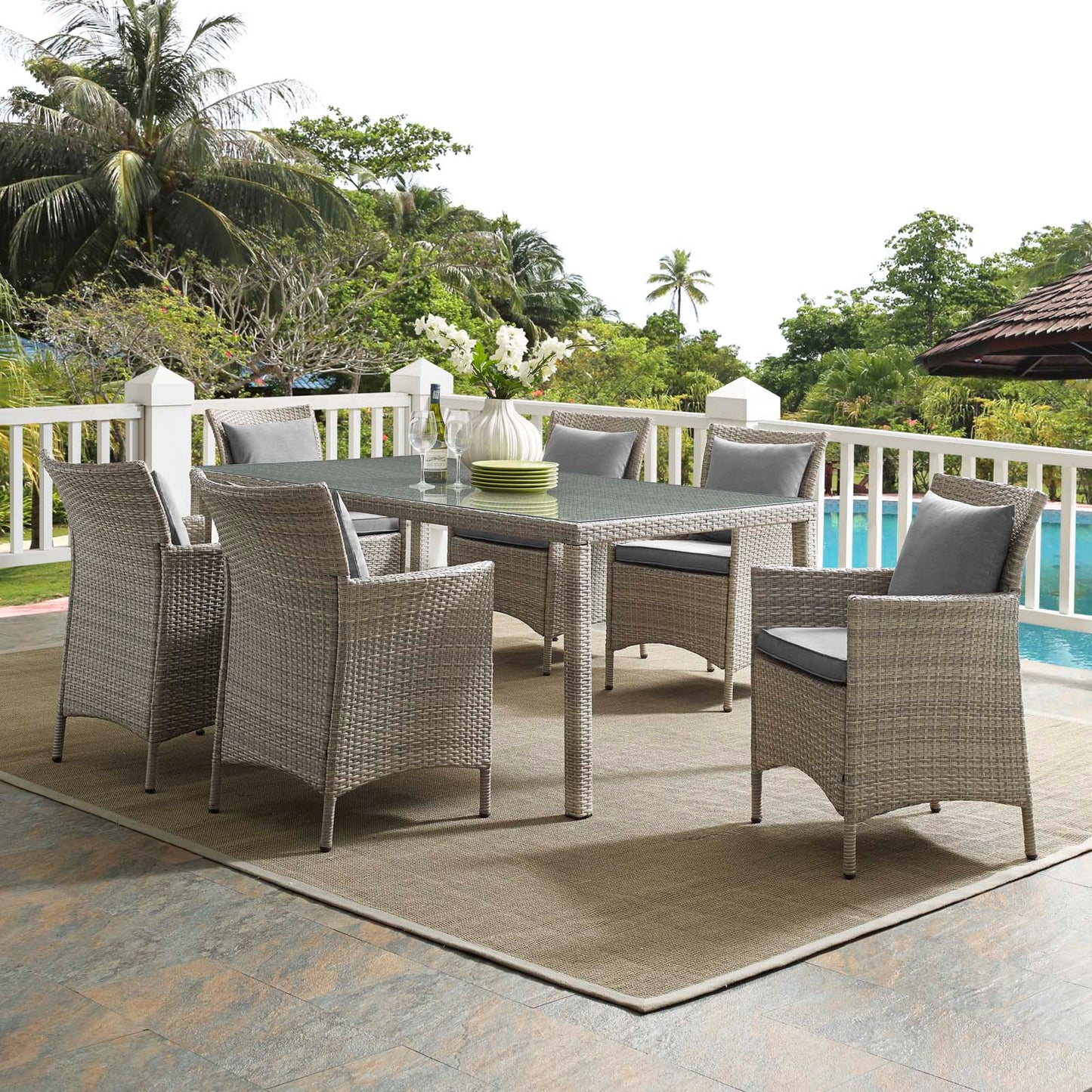 Conduit 7 Piece Outdoor Patio Wicker Rattan Dining Set, Rattan, Wicker, Grey Gray, 18998