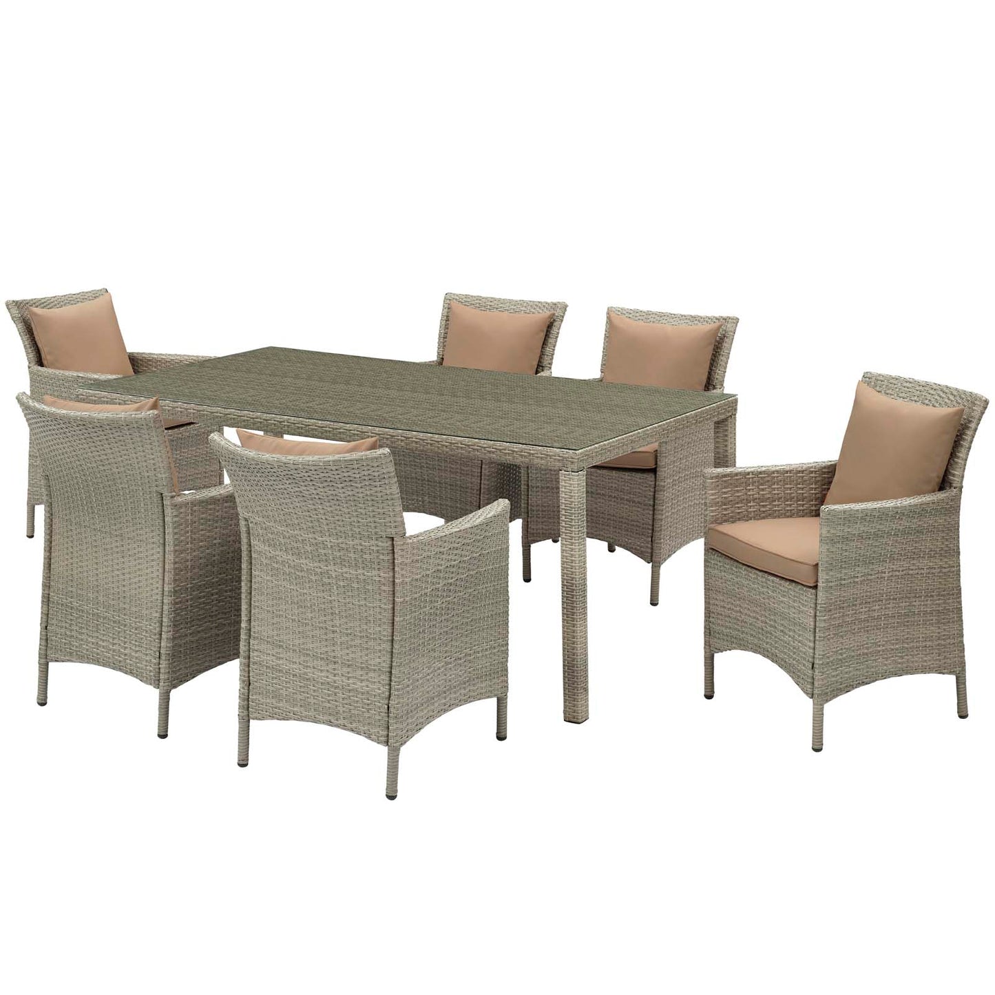 Conduit 7 Piece Outdoor Patio Wicker Rattan Dining Set, Rattan, Wicker, Light Grey Gray Brown, 18999