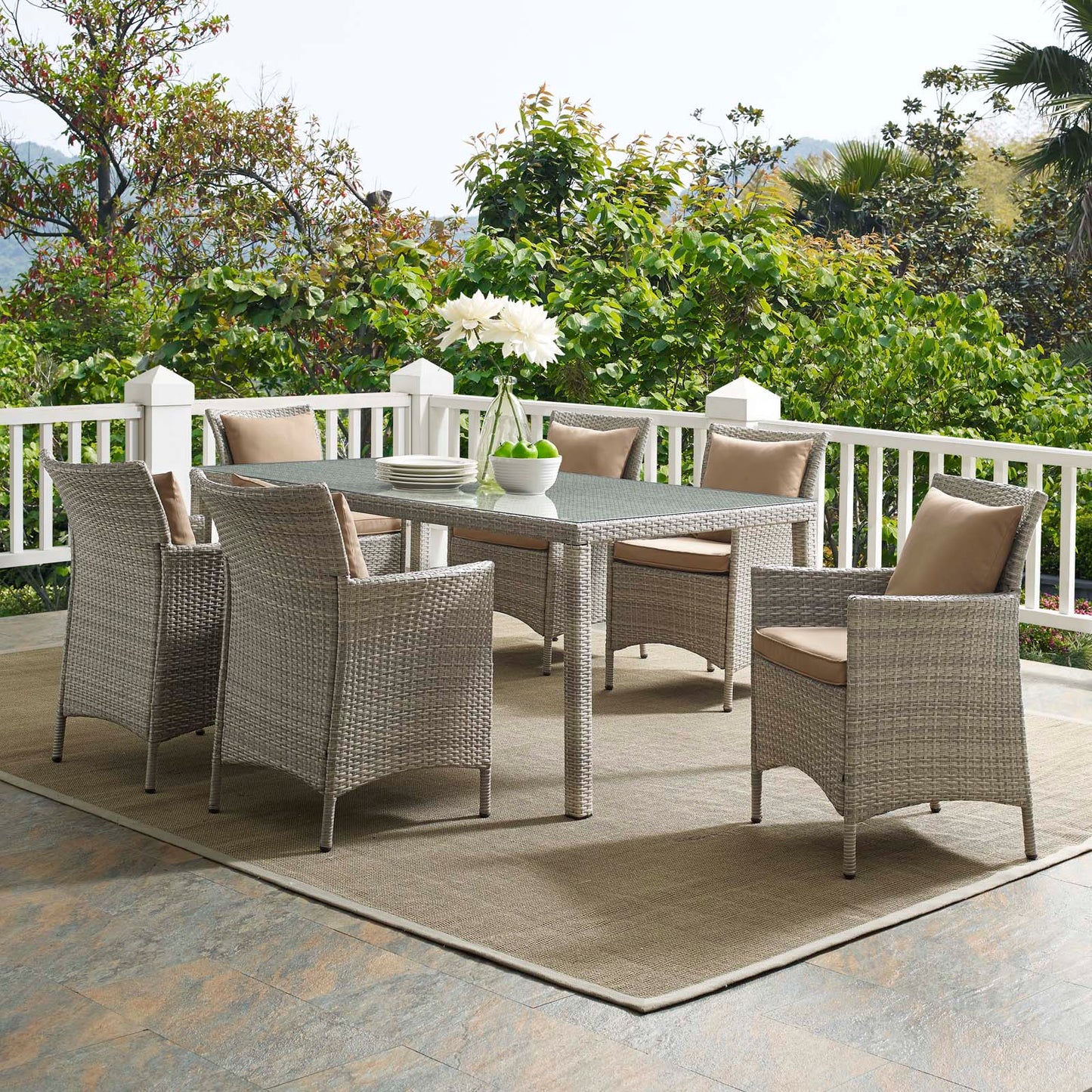 Conduit 7 Piece Outdoor Patio Wicker Rattan Dining Set, Rattan, Wicker, Light Grey Gray Brown, 18999