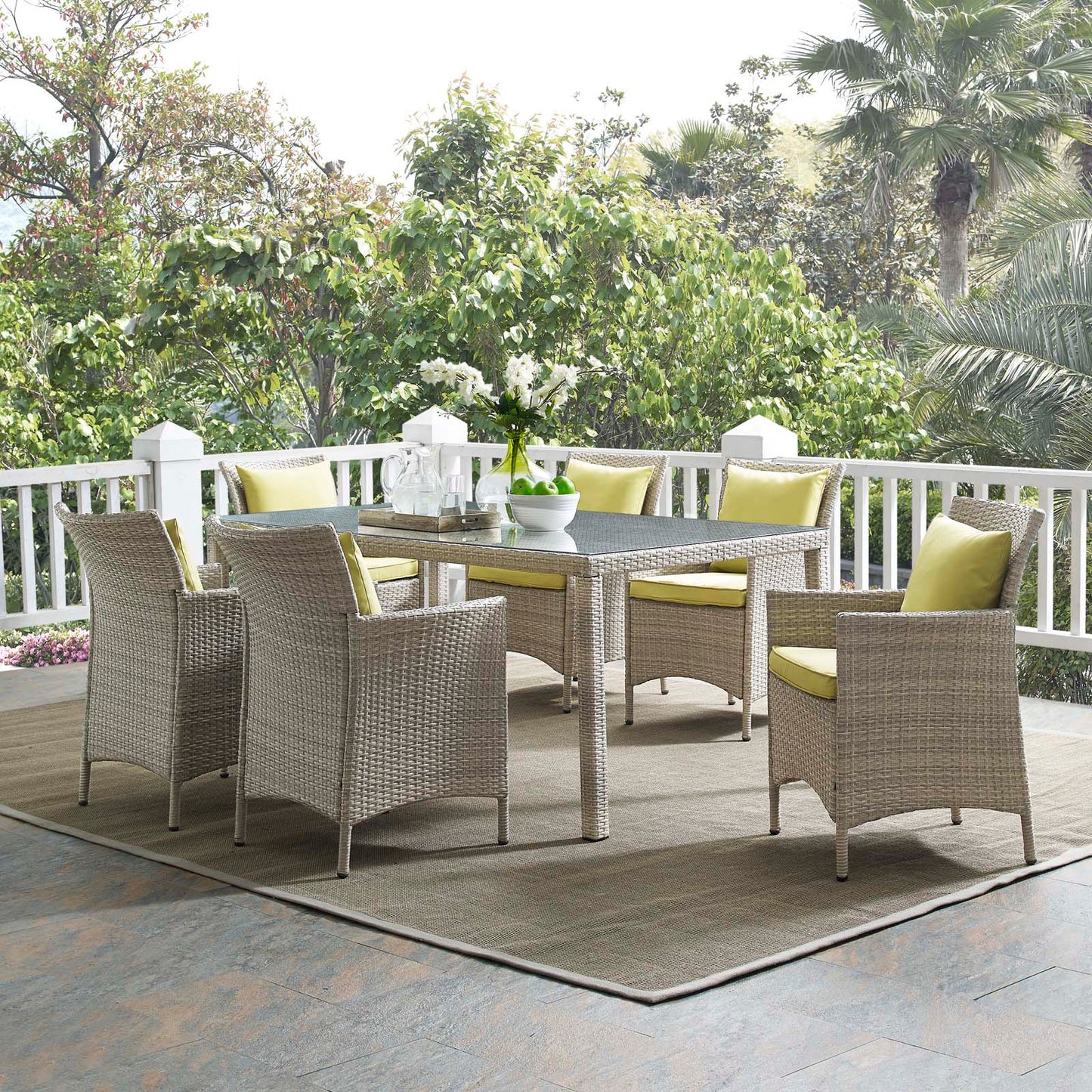 Conduit 7 Piece Outdoor Patio Wicker Rattan Dining Set, Rattan, Wicker, Light Grey Gray Green, 19002