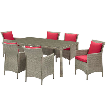 Conduit 7 Piece Outdoor Patio Wicker Rattan Dining Set, Rattan, Wicker, Light Grey Gray Red, 19003