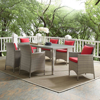 Conduit 7 Piece Outdoor Patio Wicker Rattan Dining Set, Rattan, Wicker, Light Grey Gray Red, 19003