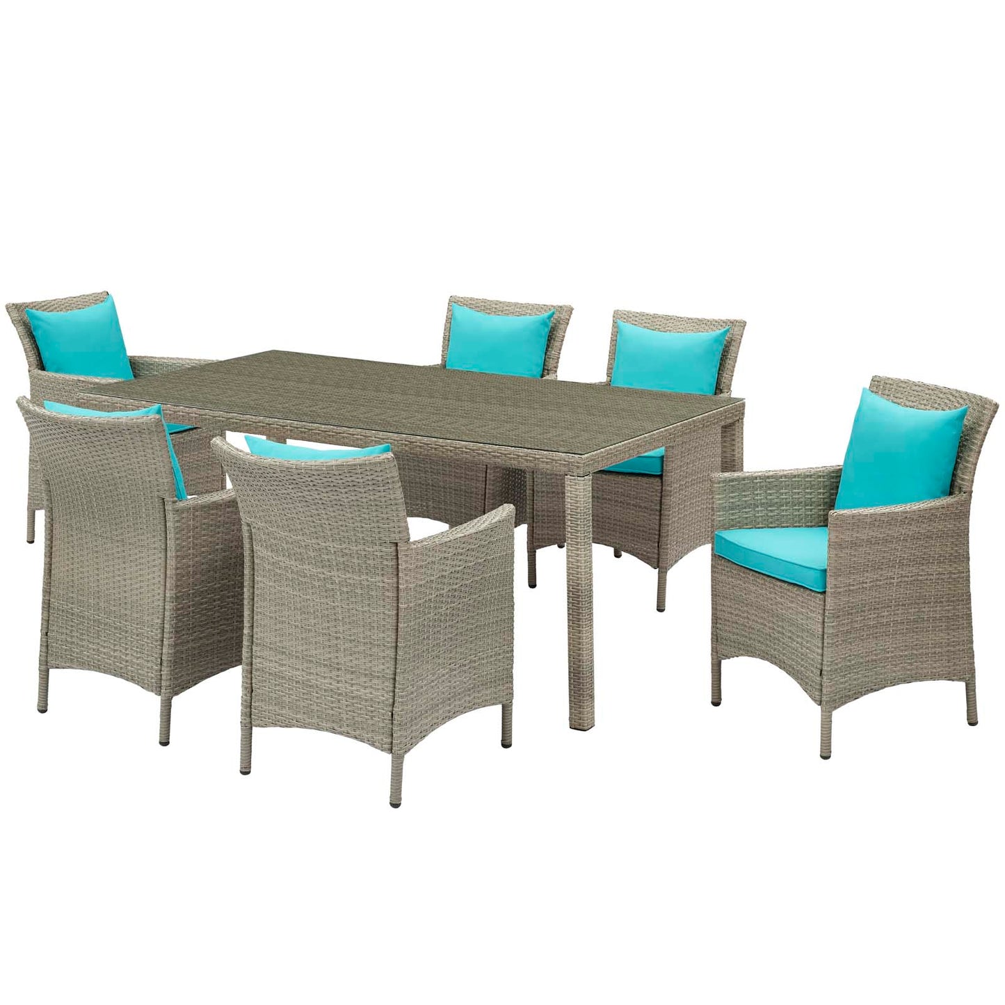 Conduit 7 Piece Outdoor Patio Wicker Rattan Dining Set, Rattan, Wicker, Light Grey Gray Blue, 19004