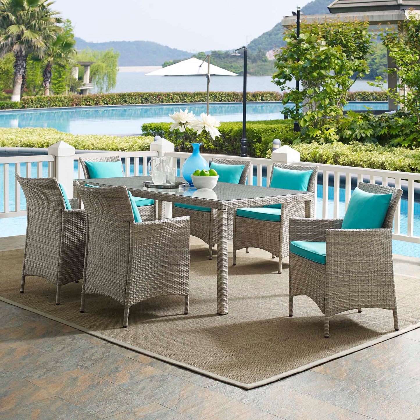 Conduit 7 Piece Outdoor Patio Wicker Rattan Dining Set, Rattan, Wicker, Light Grey Gray Blue, 19004