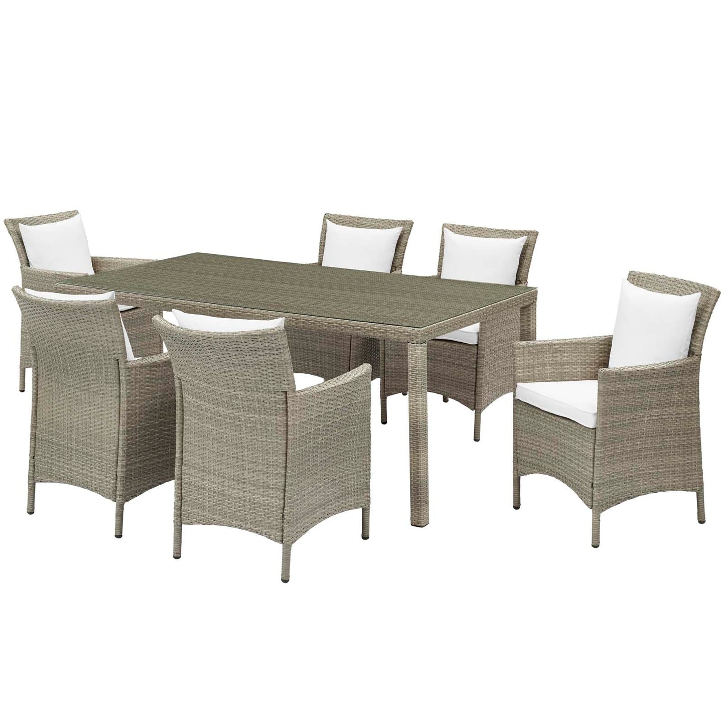 Conduit 7 Piece Outdoor Patio Wicker Rattan Dining Set, Rattan, Wicker, Light Grey Gray White, 19005