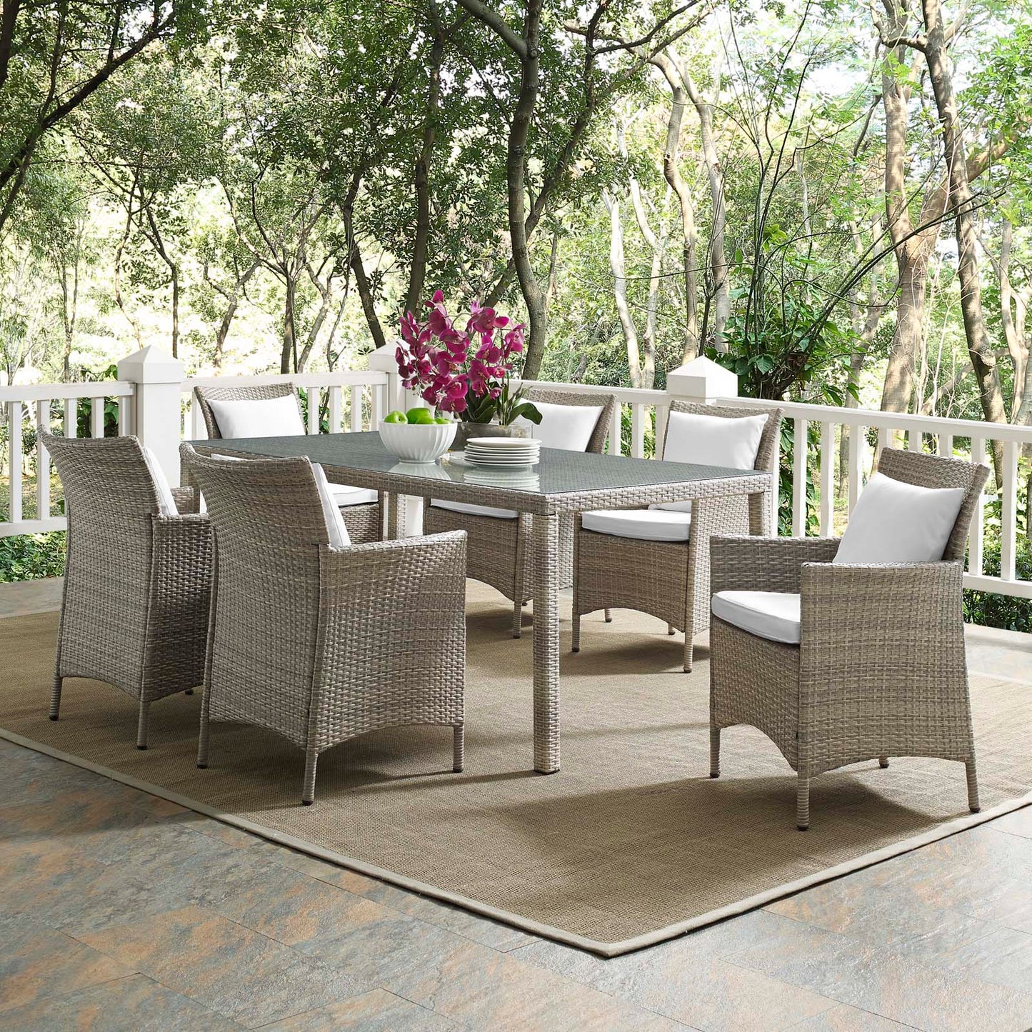 Conduit 7 Piece Outdoor Patio Wicker Rattan Dining Set, Rattan, Wicker, Light Grey Gray White, 19005